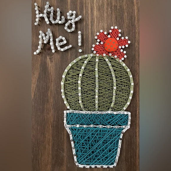 Cactus String Hug Me Art On Solid Wood Plaque 7” x 9” Hand Crafted Southwestern - Picture 2 of 4